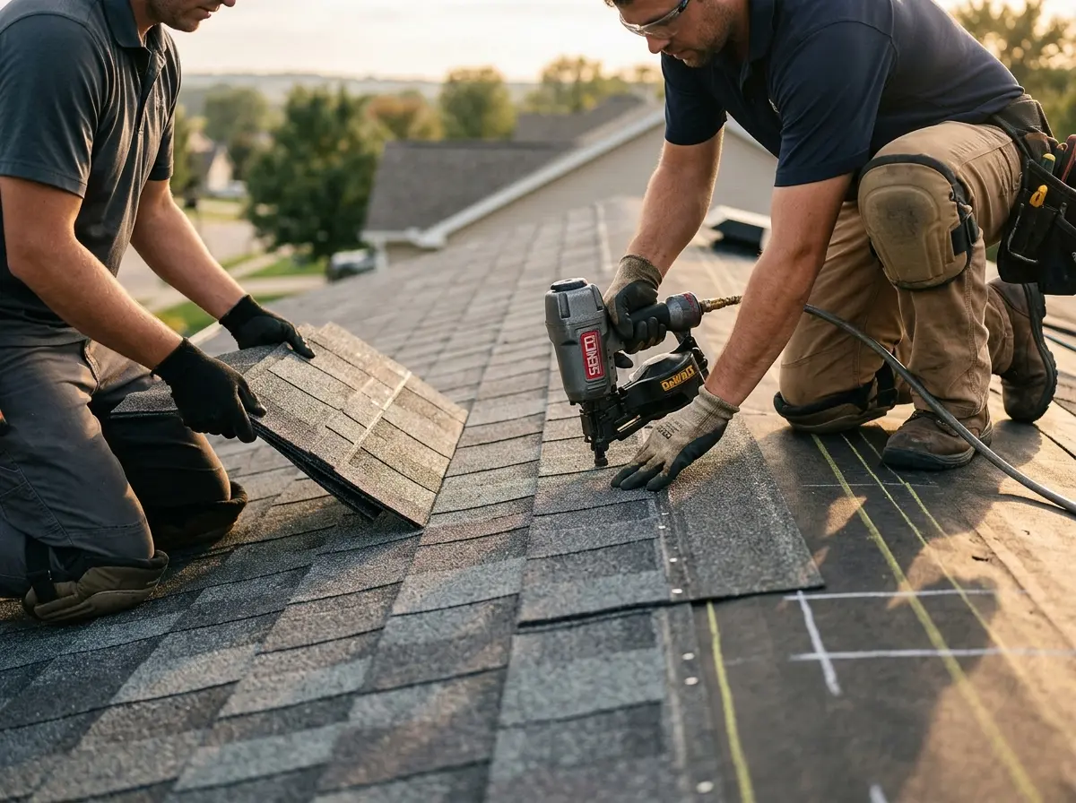 Professional roofer working on a residential roof in Hempstead